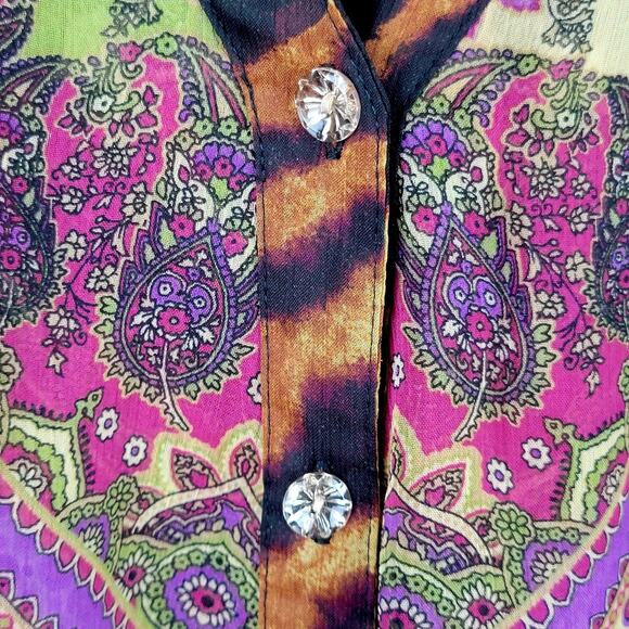 Whimsical Sz 2X Top Button Sheer 3/4 Sleeve V Neck Colorful Animal Floral Casual - Picture 2 of 10